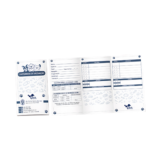 Carteira de vacinação, 1x1 cor, 21x29,7cm, 02 dobras, papel off-set 240g.